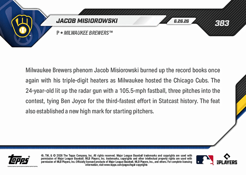 2026 Topps Now Jacob Misiorowski #383 105.5MPH Heater Scorches MLB Record Books Milwaukee Brewers Rookie RC Baseball Card (ONLINE ORDER ONLY)