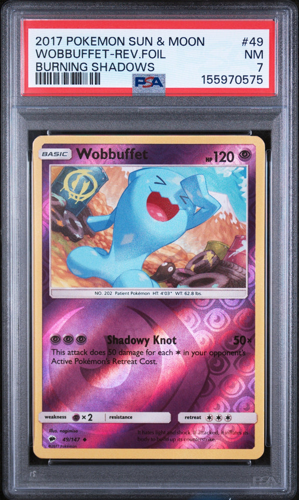 Graded 2017 Pokemon Sun & Moon Burning Shadows Wobbuffet-Rev.Foil #49 Trading Card Game PSA 7 Near Mint