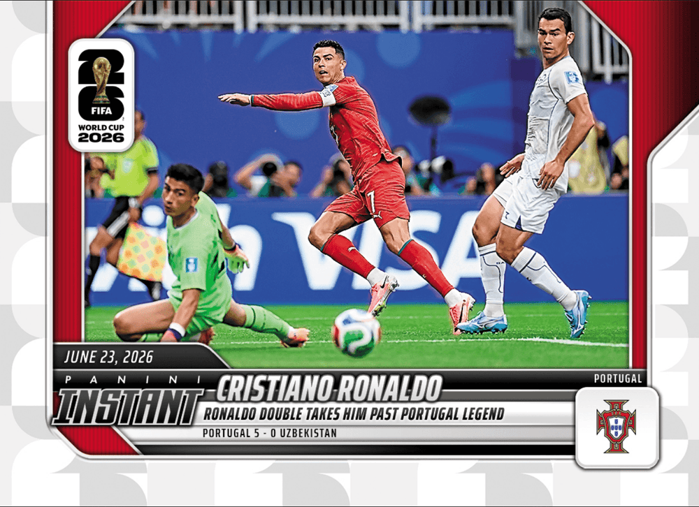 2026 Panini Instant FIFA World Cup Cristiano Ronaldo #100 Ronaldo Double Takes Him Past Portugal Legend Portugal Soccer Card (ONLINE ORDER ONLY)