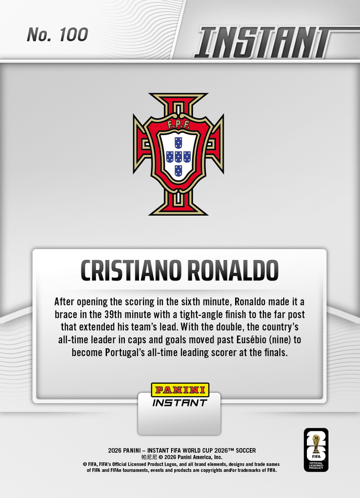 2026 Panini Instant FIFA World Cup Cristiano Ronaldo #100 Ronaldo Double Takes Him Past Portugal Legend Portugal Soccer Card (ONLINE ORDER ONLY)