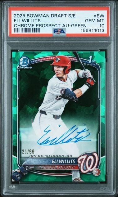 Graded 2025 Bowman Draft Sapphire Eli Willits #EW Chrome Prospect Green Auto /99 Rookie RC Baseball Card PSA 10 Gem Mint