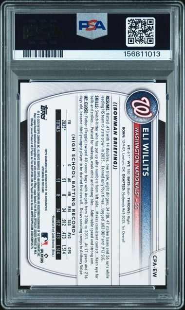 Graded 2025 Bowman Draft Sapphire Eli Willits #EW Chrome Prospect Green Auto /99 Rookie RC Baseball Card PSA 10 Gem Mint