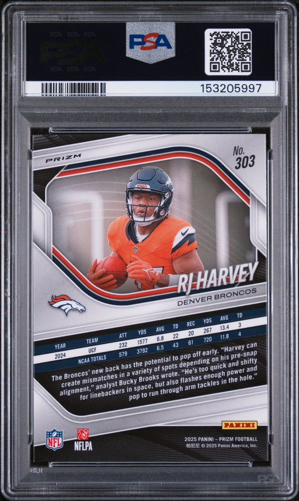 Graded 2025 Panini Prizm RJ Harvey #303 White Disco Rookie RC Football Card PSA 10 Gem Mint