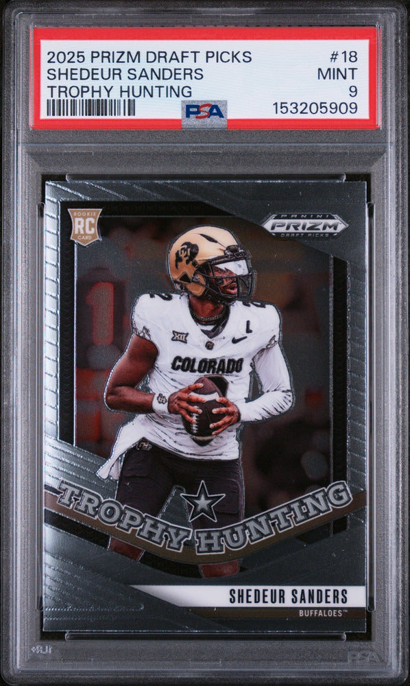 Graded 2025 Panini Prizm Draft Picks Shedeur Sanders #18 Trophy Hunting Rookie RC Football Card PSA 9 Mint