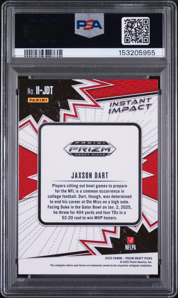 Graded 2025 Panini Prizm Draft Picks Jaxson Dart #II-JDT Instant Impact Rookie RC Football Card PSA 10 Gem Mint