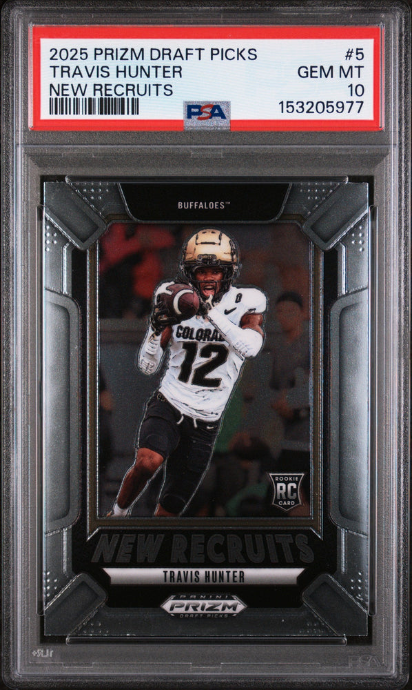 Graded 2025 Panini Prizm Draft Picks Travis Hunter #5 New Recruits Rookie RC Football Card PSA 10 Gem Mint