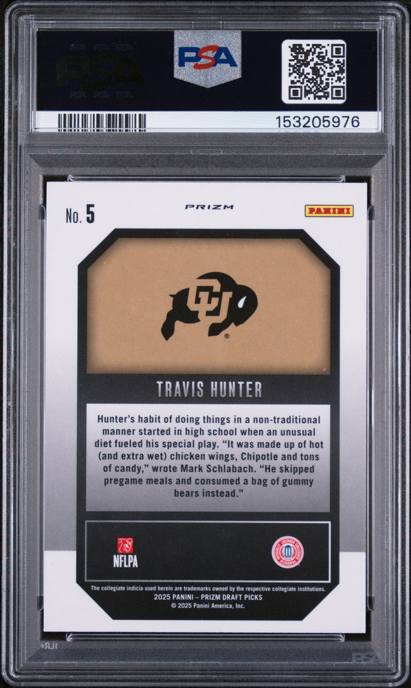 Graded 2025 Panini Prizm Draft Picks Travis Hunter #5 New Recruits Green Rookie RC Football Card PSA 9 Mint