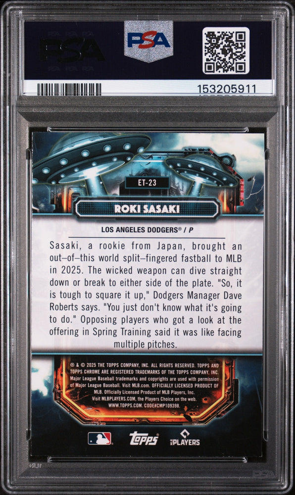 Graded 2025 Topps Chrome Cosmic Roki Sasaki #ET-23 Extraterrestrial Talent Rookie RC Baseball Card PSA 9 Mint