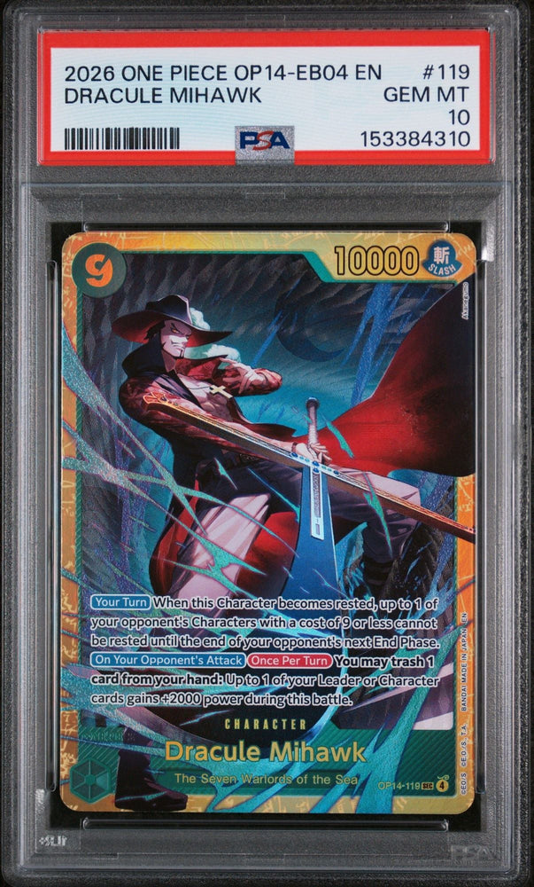 Graded 2026 One Piece Dracule Mihawk #119 Trading Card Game PSA 10 Gem Mint