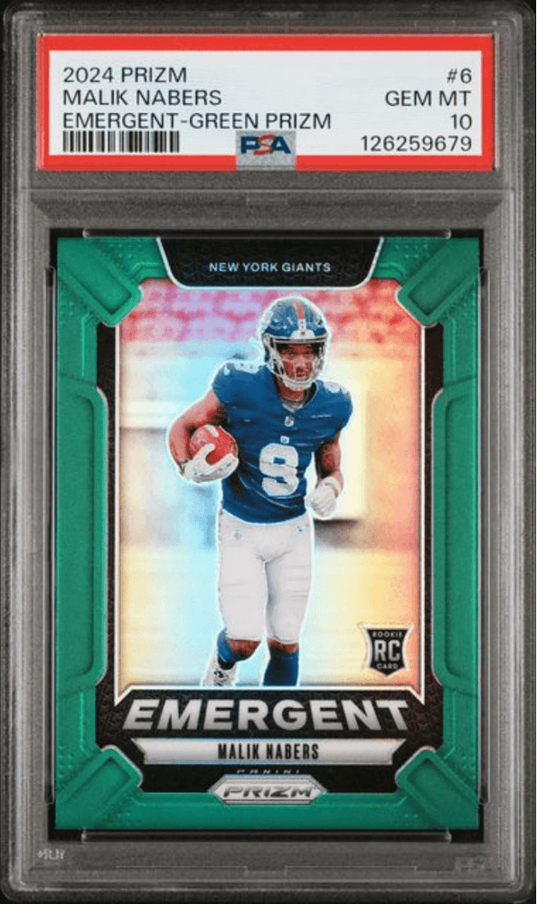 Graded 2024 Panini Prizm Malik Nabers #6 Emergent Green Prizm Rookie RC Football Card PSA 10 Gem Mint (ONLINE ORDER ONLY)