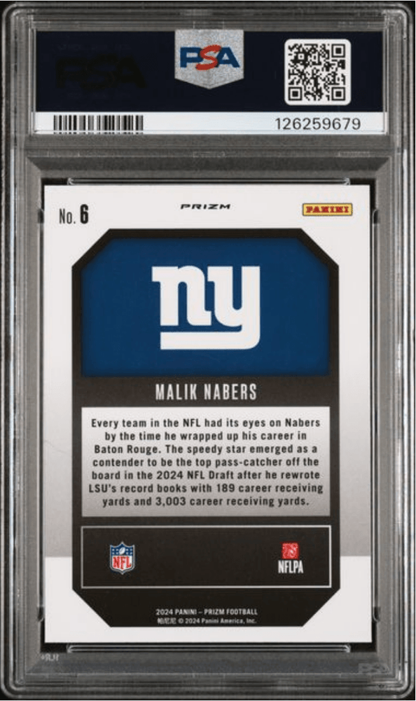 Graded 2024 Panini Prizm Malik Nabers #6 Emergent Green Prizm Rookie RC Football Card PSA 10 Gem Mint (ONLINE ORDER ONLY)