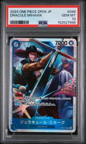 Graded 2024 One Piece Japanese Dracule Mihawk #048 OP09 Trading Card Game PSA 10 Gem Mint