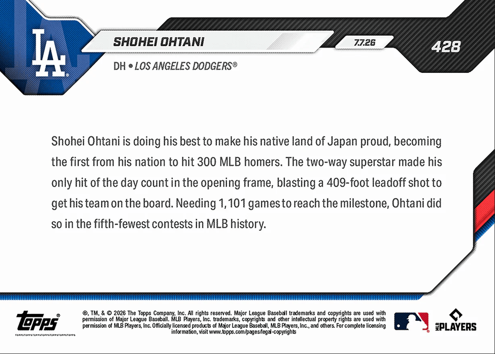 2026 Topps Now Shohei Ohtani #428 1st Japanese Player to Reach 300 MLB Home Runs Los Angeles Dodgers Baseball Card (ONLINE ORDER ONLY)