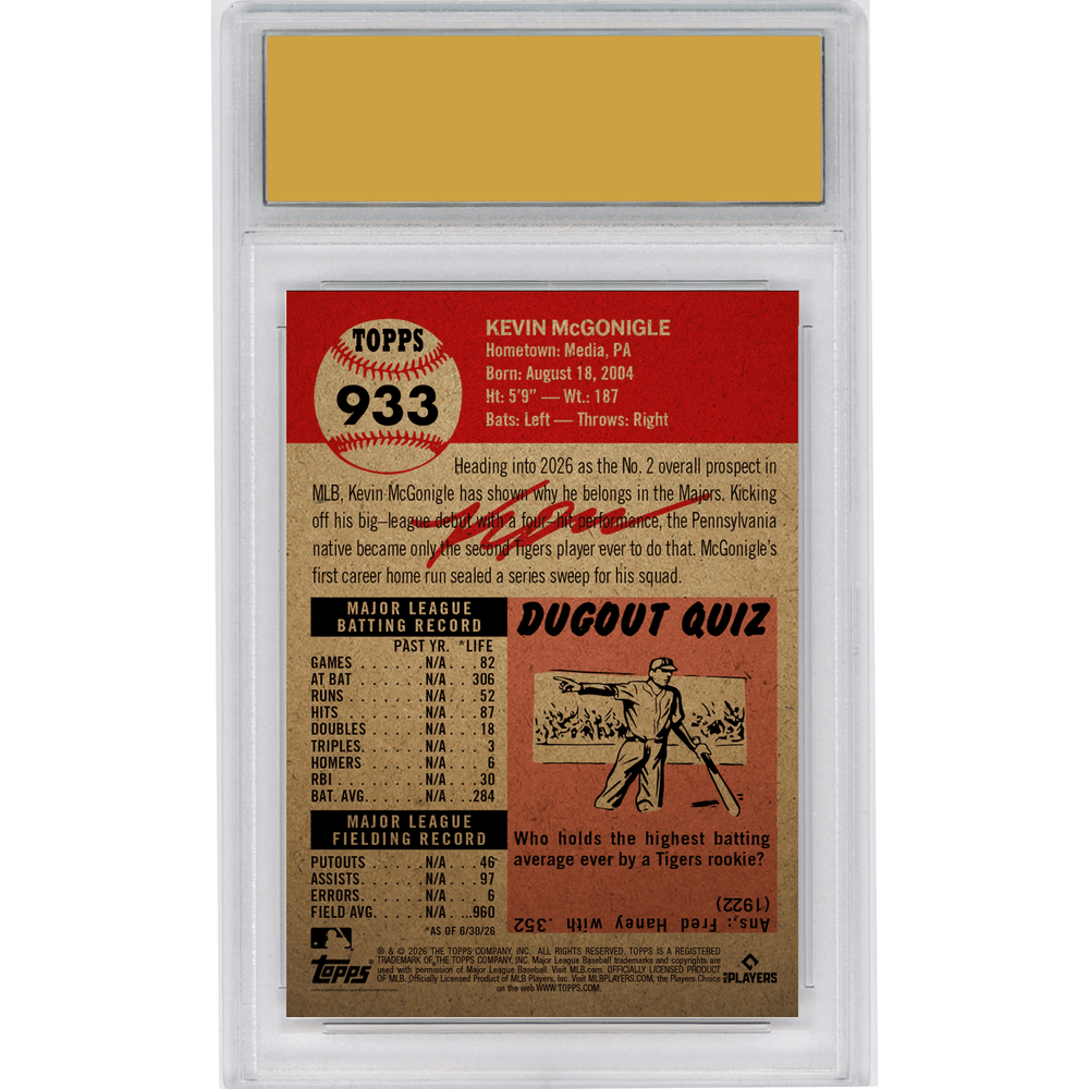 Graded 2026 Topps Living Kevin McGonigle #933 Detroit Tigers Rookie RC Baseball Card HOFSM 10 Gem Mint (ONLINE ORDER ONLY)