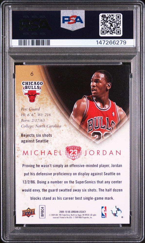 Graded 2009 UD Upper Deck Michael Jordan #6 Legacy Gold 6 Blocked Shots Basketball Card PSA 10 Gem Mint