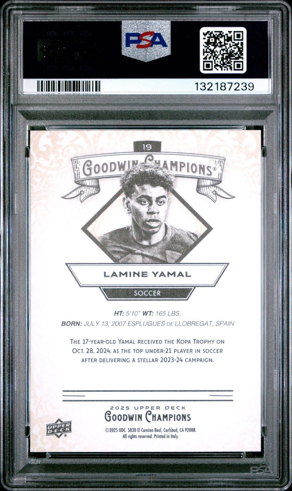 Graded 2025 Upper Deck UD Goodwin Champions Lamine Yamal #19 Soccer Card PSA 10 Gem Mint