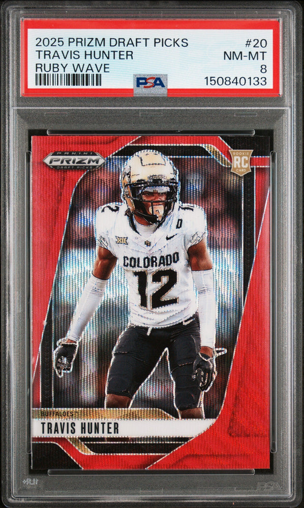 Graded 2025 Panini Prizm Draft Picks Travis Hunter #20 Ruby Wave Rookie RC Football Card PSA 8 Near Mint (ONLINE ORDER ONLY)