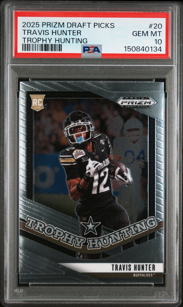 Graded 2025 Panini Prizm Draft Picks Travis Hunter #20 Trophy Hunting Rookie RC Football Card PSA 10 Gem Mint (ONLINE ORDER ONLY)
