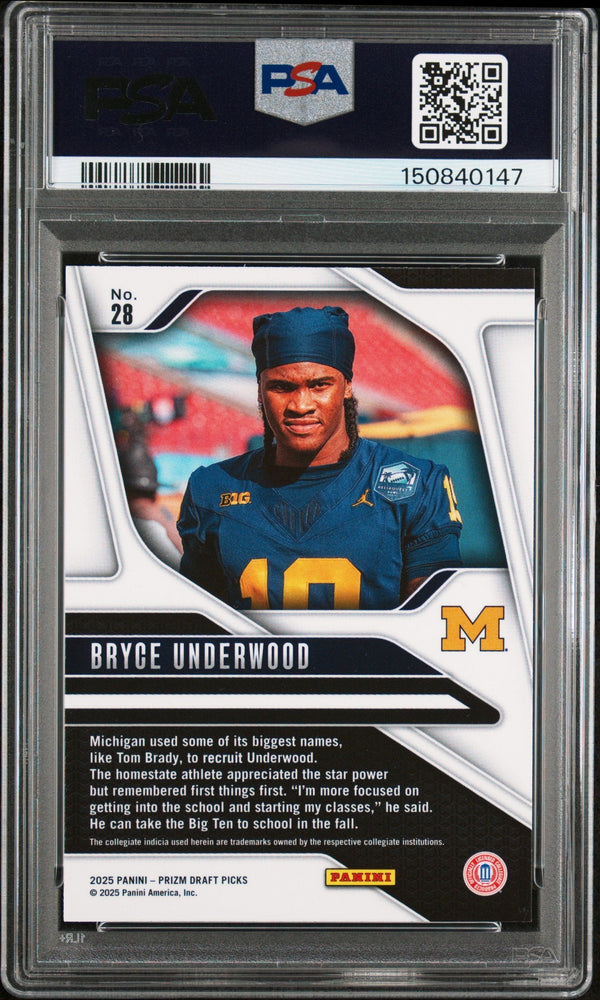 Graded 2025 Panini Prizm Draft Picks Bryce Underwood #28 Rookie RC Football Card PSA 10 Gem Mint (ONLINE ORDER ONLY)