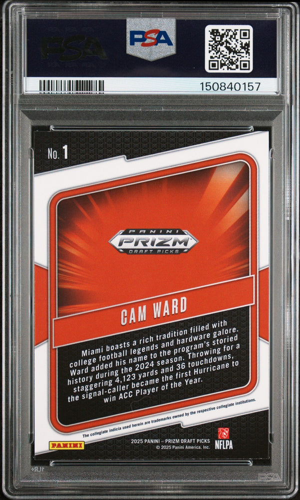 Graded 2025 Panini Prizm Draft Picks Cam Ward #1 Hype Rookie RC Football Card PSA 9 Mint (ONLINE ORDER ONLY)