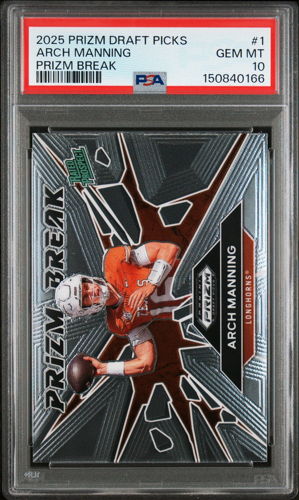 Graded 2025 Panini Prizm Draft Picks Arch Manning #1 Prizm Break Rookie RC Football Card PSA 10 Gem Mint (ONLINE ORDER ONLY)