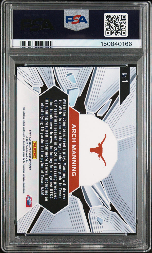 Graded 2025 Panini Prizm Draft Picks Arch Manning #1 Prizm Break Rookie RC Football Card PSA 10 Gem Mint (ONLINE ORDER ONLY)