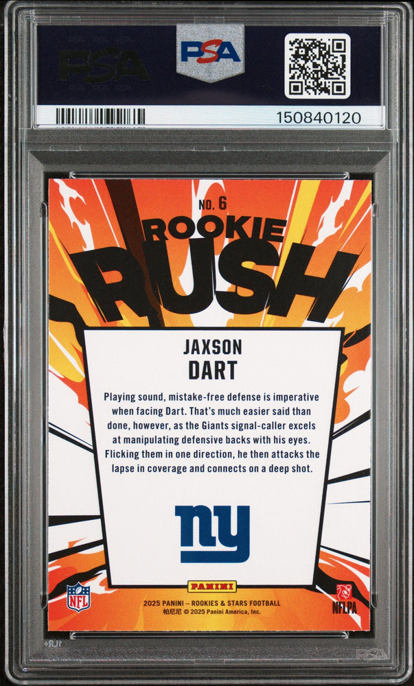 Graded 2025 Panini Rookies & Stars Jaxson Dart #6 Rookie Rush Rookie RC Football Card PSA 9 Mint (ONLINE ORDER ONLY)
