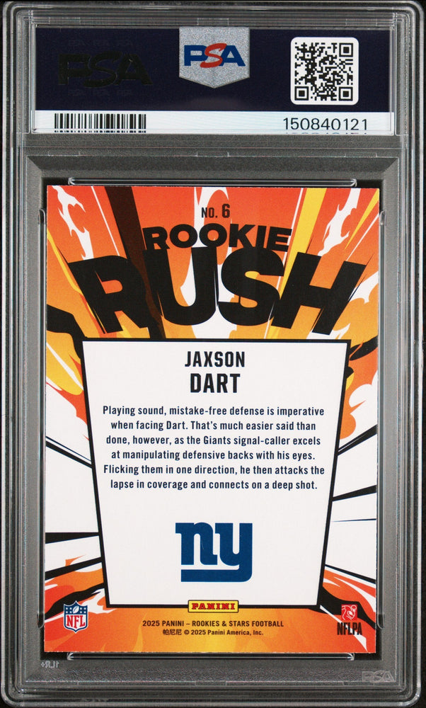 Graded 2025 Panini Rookies & Stars Jaxson Dart #6 Rookie Rush Rookie RC Football Card PSA 10 Gem Mint (ONLINE ORDER ONLY)