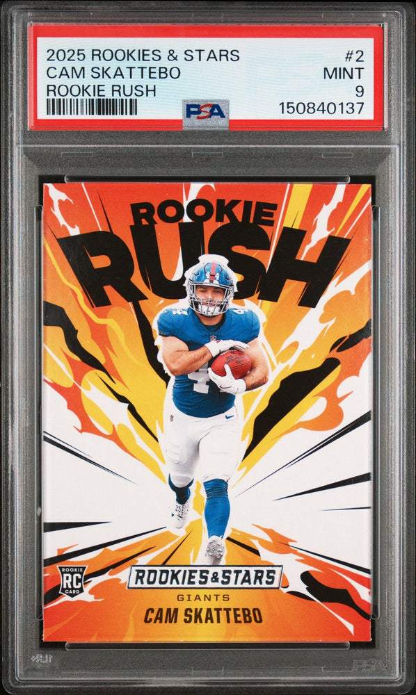Graded 2025 Panini Rookies & Stars Cam Skattebo #2 Rookie Rush Rookie RC Football Card PSA 9 Mint (ONLINE ORDER ONLY)
