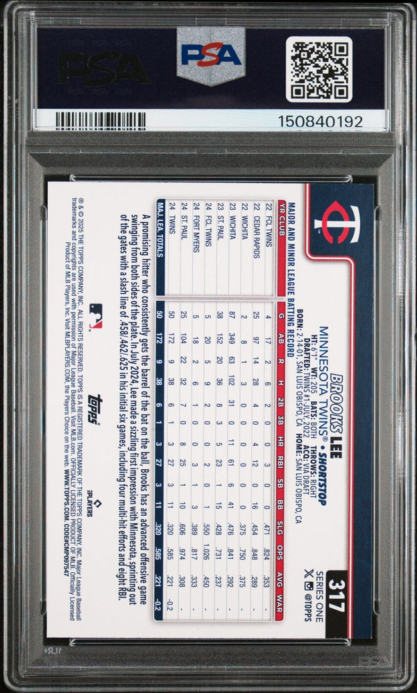 Graded 2025 Topps Brooks Lee #317 Rookie RC Baseball Card PSA 8 Near Mint (ONLINE ORDER ONLY)