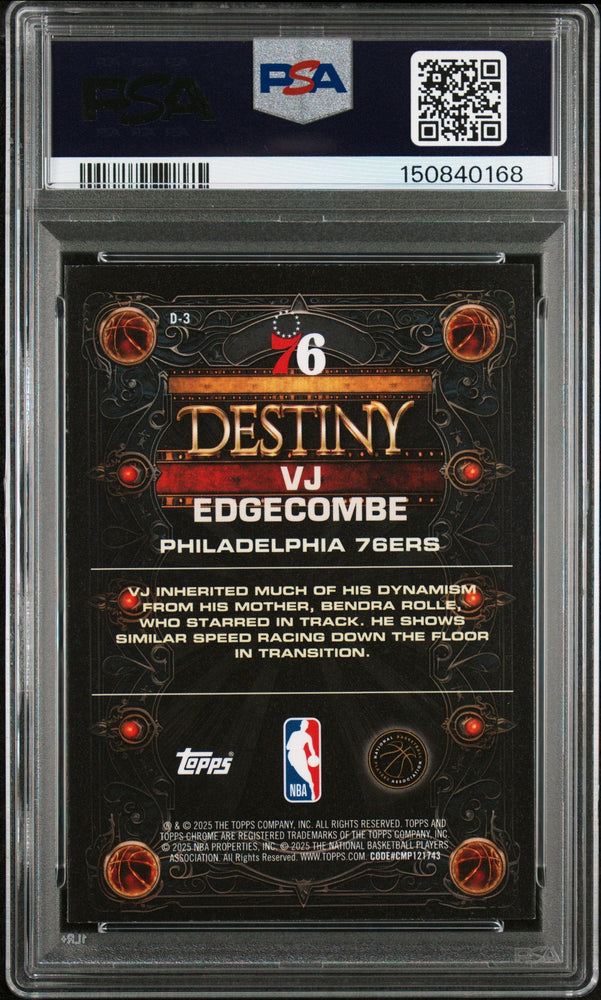 Graded 2025 Topps Chrome VJ Edgecombe #D3 Destiny Rookie RC Basketball Card PSA 9 Mint (ONLINE ORDER ONLY)