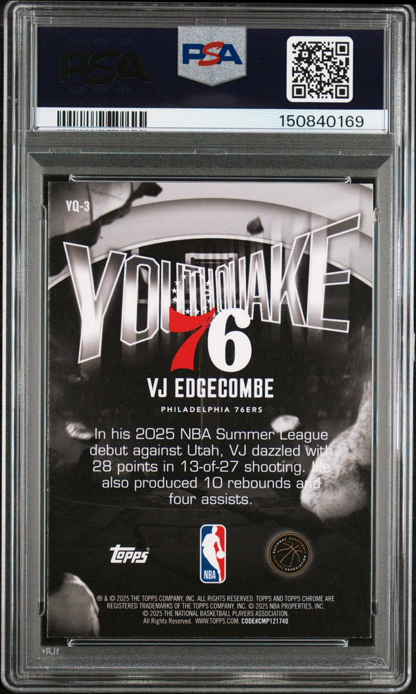 Graded 2025 Topps Chrome VJ Edgecombe #YQ3 Youthquake Rookie RC Basketball Card PSA 9 Mint (ONLINE ORDER ONLY)