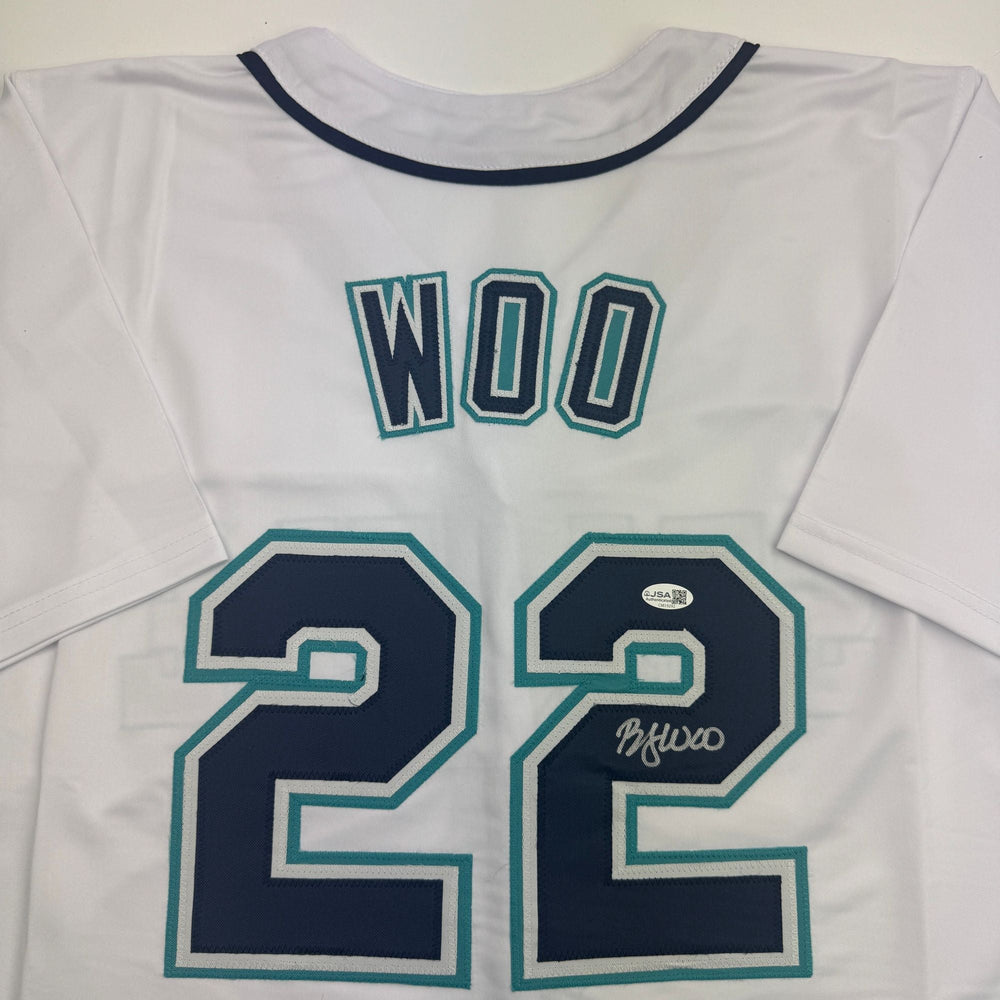 Autographed/Signed Bryan Woo Seattle White Baseball Jersey JSA COA (ONLINE ORDER ONLY)
