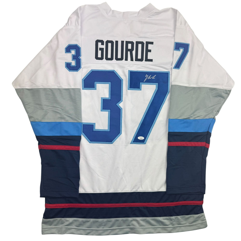 Autographed/Signed Yanni Gourde Seattle White Hockey Jersey JSA COA (ONLINE ORDER ONLY)