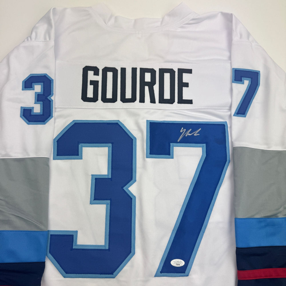 Autographed/Signed Yanni Gourde Seattle White Hockey Jersey JSA COA (ONLINE ORDER ONLY)