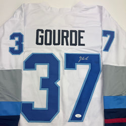 Autographed/Signed Yanni Gourde Seattle White Hockey Jersey JSA COA (ONLINE ORDER ONLY)
