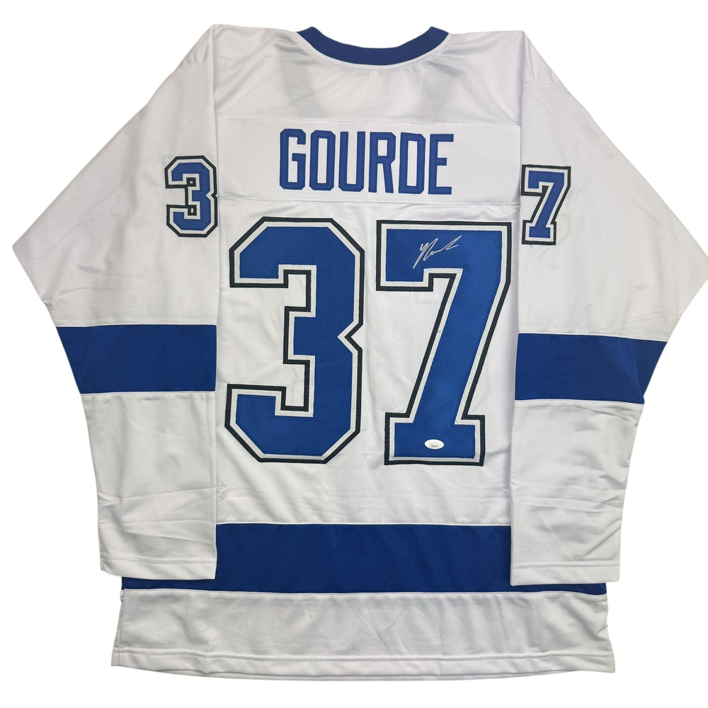 Autographed/Signed Yanni Gourde Tampa Bay White Hockey Jersey JSA COA (ONLINE ORDER ONLY)
