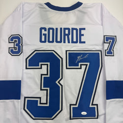 Autographed/Signed Yanni Gourde Tampa Bay White Hockey Jersey JSA COA (ONLINE ORDER ONLY)
