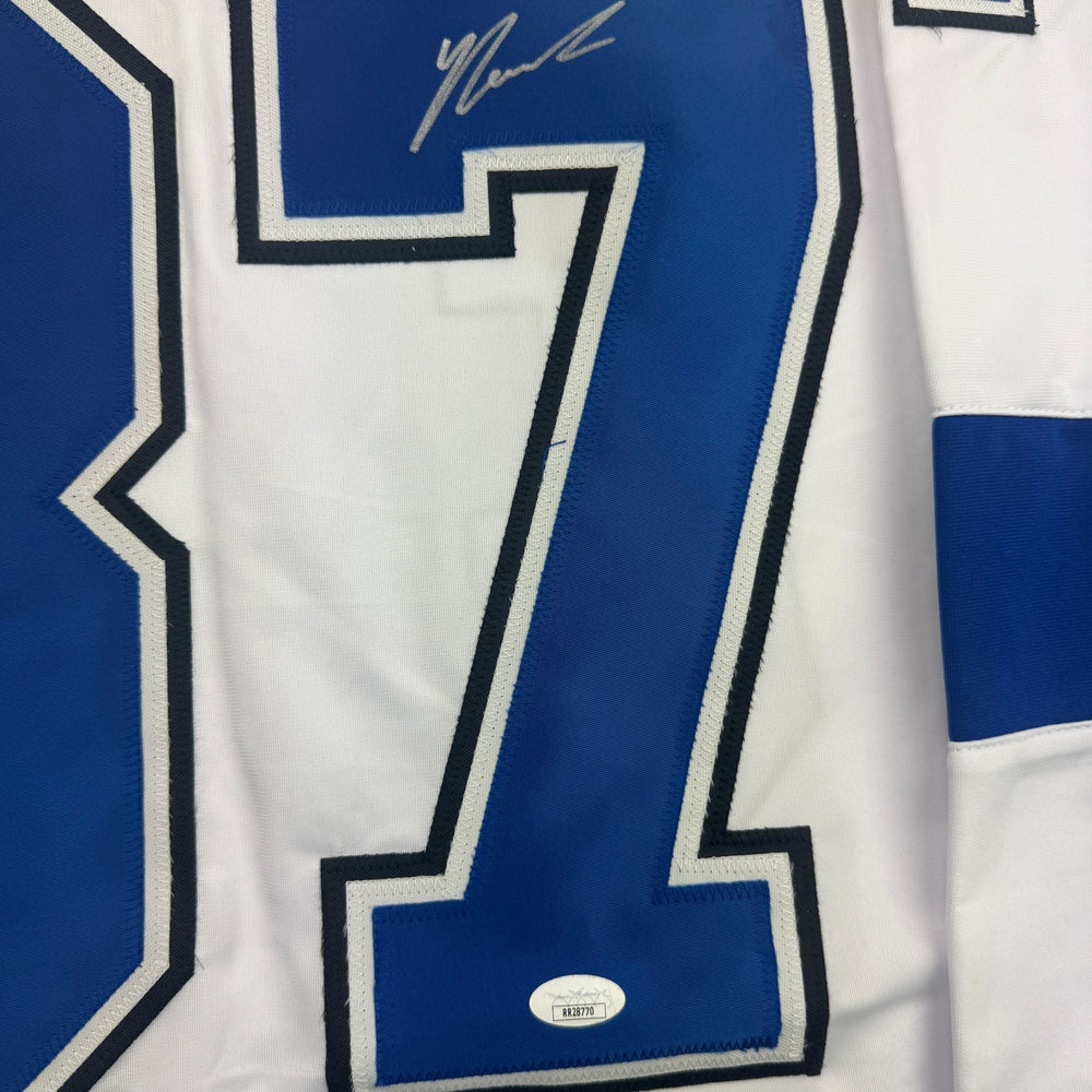 Autographed/Signed Yanni Gourde Tampa Bay White Hockey Jersey JSA COA (ONLINE ORDER ONLY)