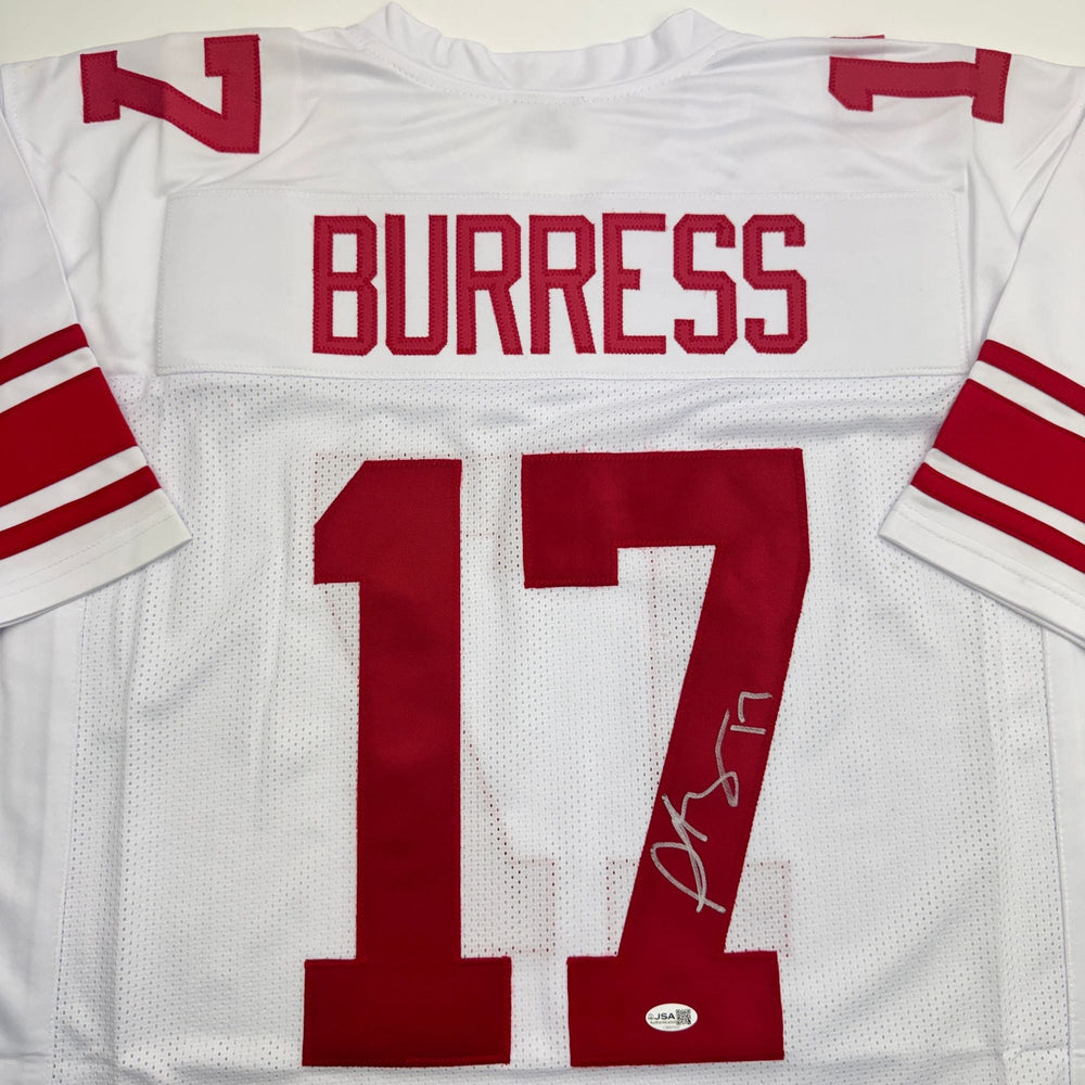 Autographed/Signed Plaxico Burress New York White Football Jersey JSA COA (ONLINE ORDER ONLY)