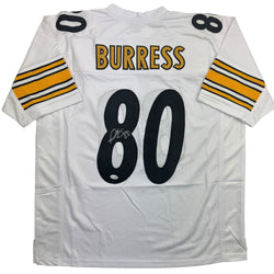 Autographed/Signed Plaxico Burress Pittsburgh White Football Jersey JSA COA (ONLINE ORDER ONLY)