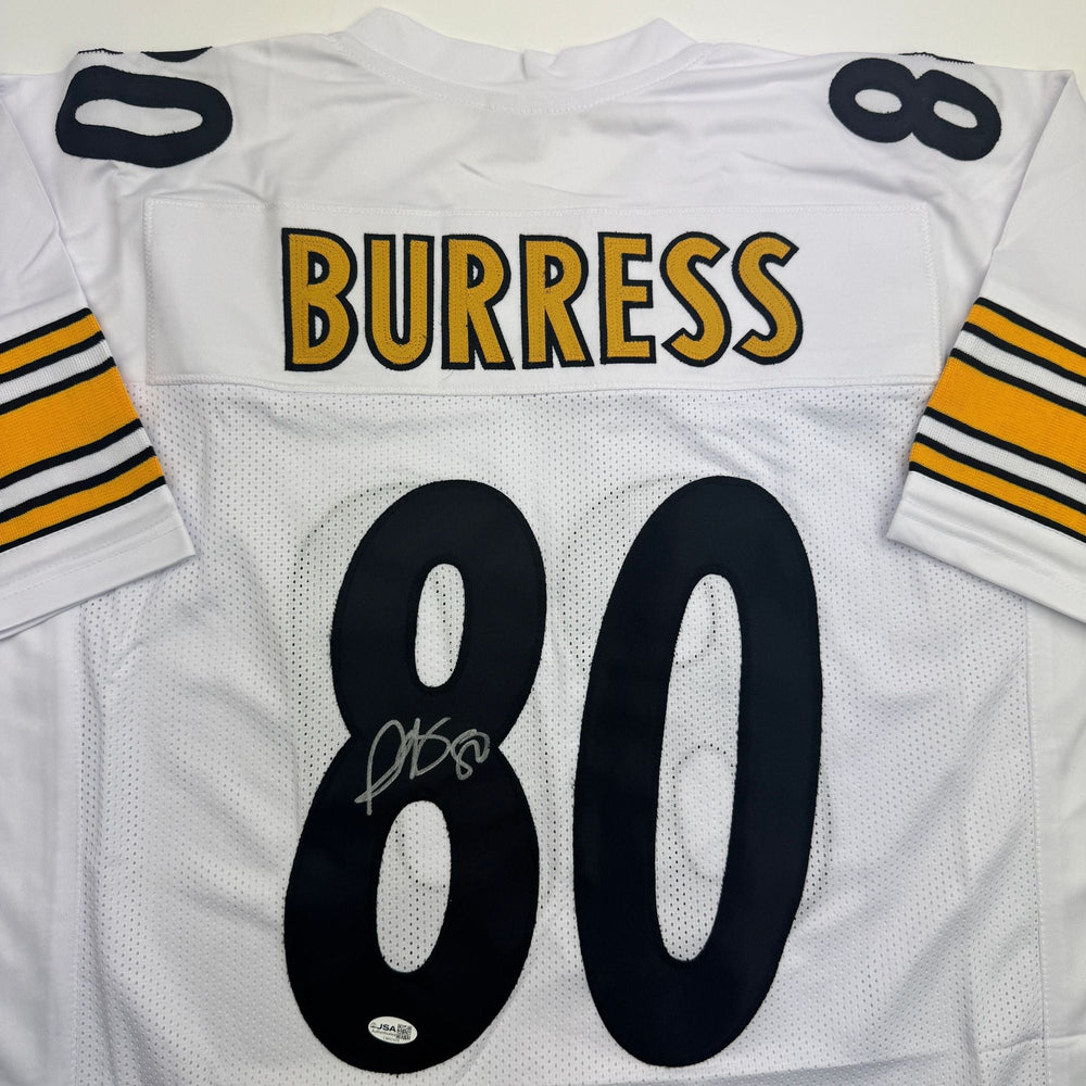 Autographed/Signed Plaxico Burress Pittsburgh White Football Jersey JSA COA (ONLINE ORDER ONLY)