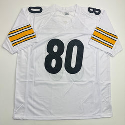 Autographed/Signed Plaxico Burress Pittsburgh White Football Jersey JSA COA (ONLINE ORDER ONLY)