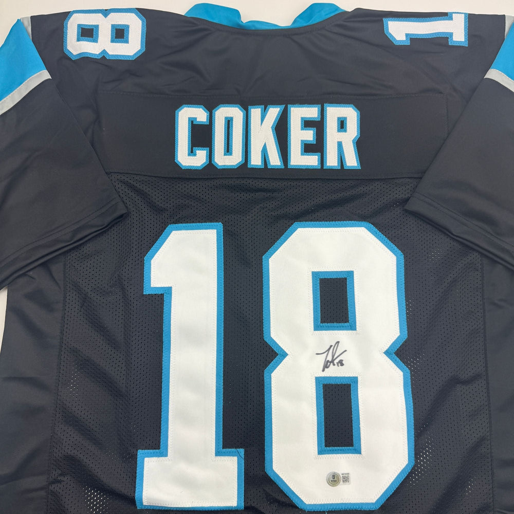 Autographed/Signed Jalen Coker Carolina Black Football Jersey Beckett BAS COA (ONLINE ORDER ONLY)