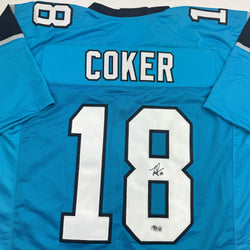 Autographed/Signed Jalen Coker Carolina Blue Football Jersey Beckett BAS COA (ONLINE ORDER ONLY)