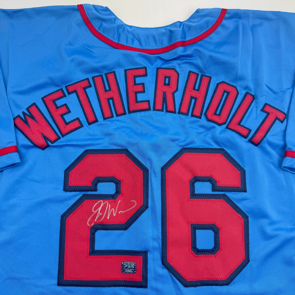 Autographed/Signed J.J. JJ Wetherholt St. Louis Blue Baseball Jersey LCG Prova COA (ONLINE ORDER ONLY)