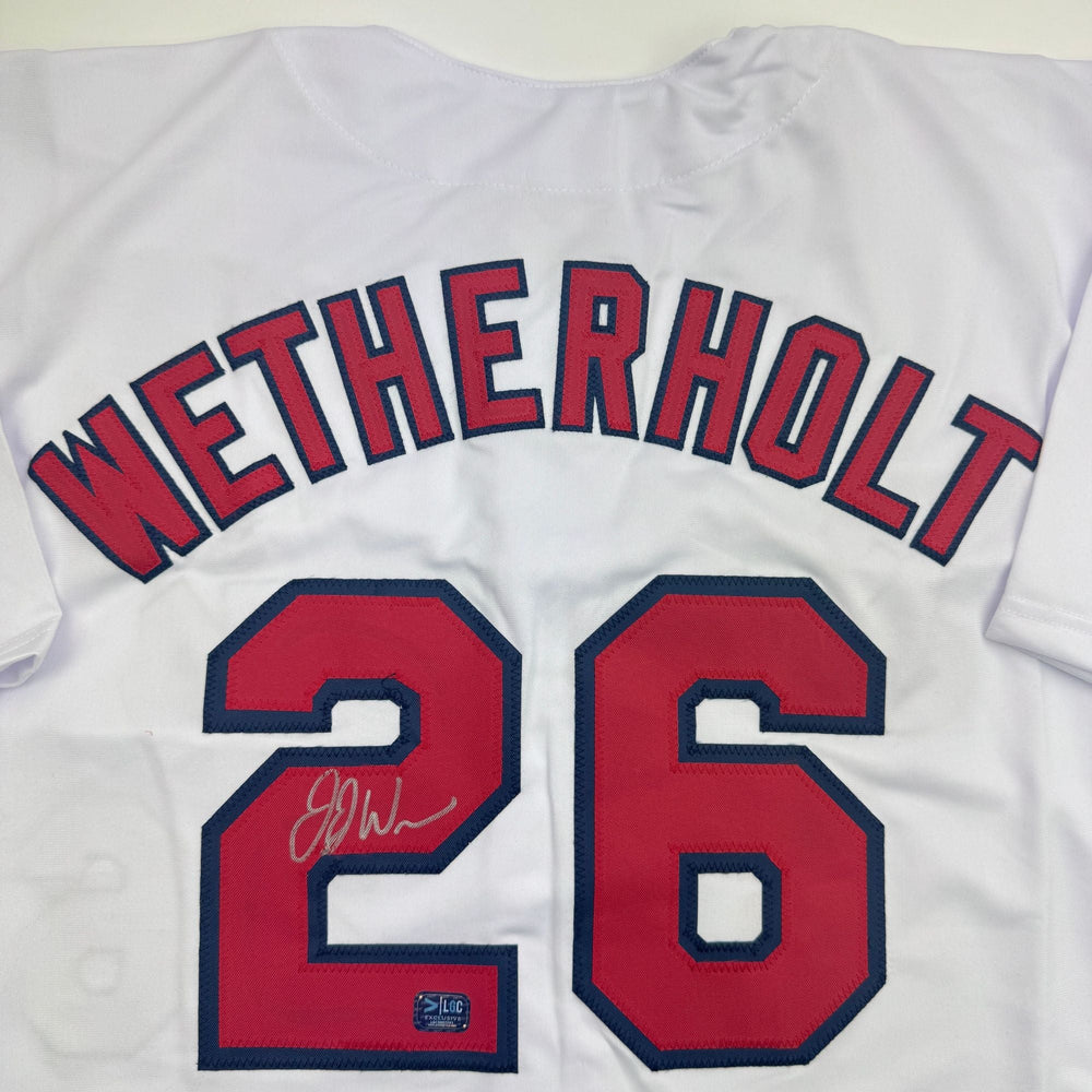 Autographed/Signed J.J. JJ Wetherholt St. Louis White Baseball Jersey LCG Prova COA (ONLINE ORDER ONLY)