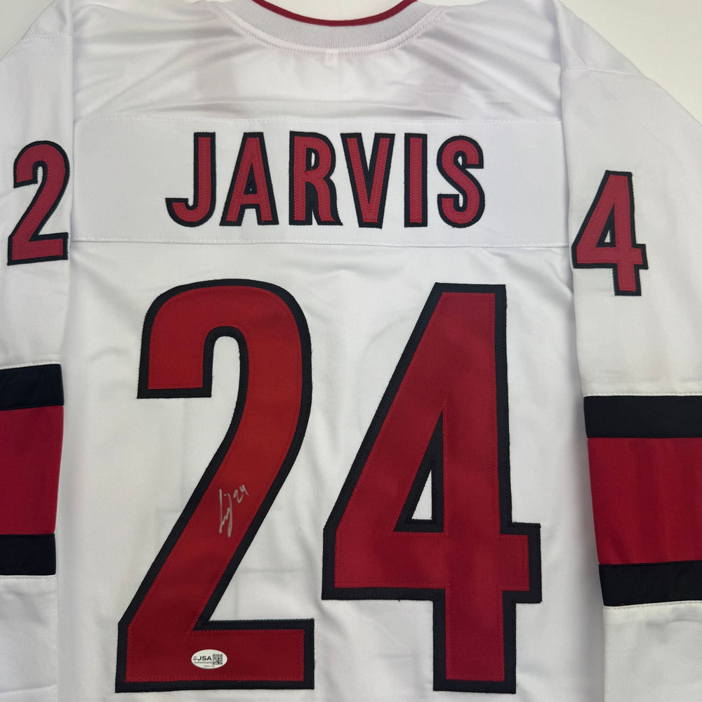 Autographed/Signed Seth Jarvis Carolina White Hockey Jersey JSA COA (ONLINE ORDER ONLY)