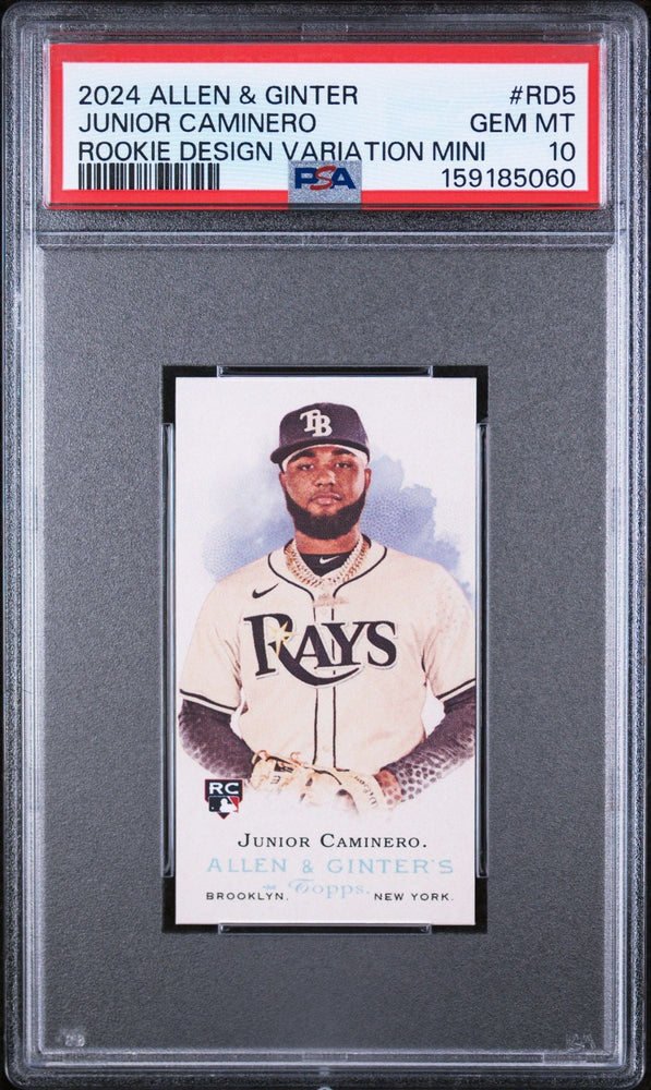 Graded 2024 Topps Allen & Ginter Junior Caminero #RD5 Rookie Design Variation Mini RC Baseball Card PSA 10 Gem Mint (ONLINE ORDER ONLY)