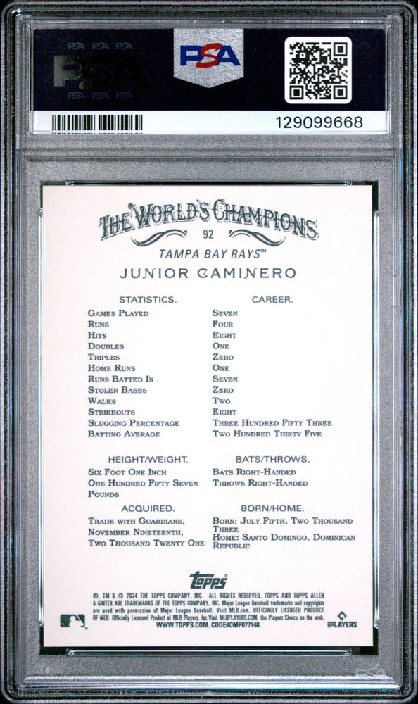 Graded 2024 Topps Allen & Ginter Junior Caminero #92 Rookie RC Baseball Card PSA 10 Gem Mint (ONLINE ORDER ONLY)